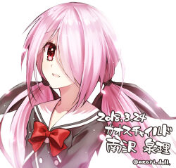 1girl bow breasts buttons chaos;child double-breasted dress hair_over_one_eye happy hekiho_academy_school_uniform jacket long_hair looking_at_viewer minamisawa_senri open_mouth pink_hair red_eyes ribbon school_uniform shiny_eyes shirt small_breasts smile twintails yuuheisyoujyo