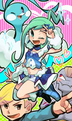 Rule 34 | 1boy, 1girl, altaria, blonde hair, blue footwear, blush stickers, boots, chaz (pokemon), colored skin, creatures (company), game freak, gen 1 pokemon, gen 3 pokemon, green eyes, green hair, grey skin, heart, lisia (pokemon), looking at viewer, machoke, midriff, navel, nintendo, one eye closed, pointing, pokemon, pokemon (creature), pokemon oras, red eyes, smile, sparkle, tsunoji