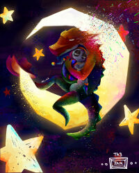 1boy 1girl artist_name closed_eyes cowboy_hat disintegration furry gummigoo hat highres hug lizard moon pomni_(the_amazing_digital_circus) sitting star_(sky) th3ink the_amazing_digital_circus unworn_hat unworn_headwear