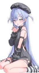 Rule 34 | 1girl, arm belt, bare shoulders, black arm warmers, black dress, black hat, black nails, blue hair, dress, fang, hat, highres, kitano yukito, long hair, looking at viewer, parted lips, simple background, sitting, socks, solo, striped clothes, striped socks, torn clothes, torn dress, very long hair, virtual youtuber, vspo!, wariza, white background, yano kuromu
