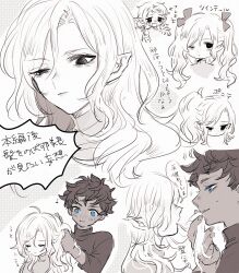 1girl 2boys alternate_hairstyle bags_under_eyes blue_eyes blush bow chibi chibi_inset curly_hair dark-skinned_male dark_skin dungeon_meshi elf face-to-face fleki hair_bow hand_in_another&#039;s_hair highres holding_another&#039;s_hair kabru kissing_hair laughing lazy_eye long_hair male_focus menu27 mithrun monochrome multiple_boys multiple_views musical_note notched_ear playing_with_another&#039;s_hair pointy_ears ponytail short_hair speech_bubble spot_color sweatdrop translated twintails uneven_eyes wavy_hair yaoi