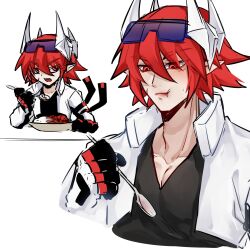 1boy absurdres aotu_world armband black_gloves black_shirt chinese_commentary closed_mouth collarbone eating eyewear_on_head food gloves goggles goggles_on_head hair_between_eyes headgear high_collar highres holding holding_spoon jacket male_focus multicolored_gloves multiple_views open_clothes open_jacket open_mouth pectoral_cleavage pectorals pius_(aotu_world) plate pointy_ears red_eyes red_hair scar scar_on_face shirt short_hair simple_background spoon tinted_eyewear upper_body white_background white_gloves white_jacket xiaoqi141