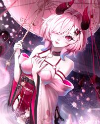 1girl bare_shoulders bell black_bow black_collar black_horns bow breasts closed_mouth collar collarbone falling_petals floral_print gradient_horns hair_ornament hair_over_one_eye hand_on_own_chest heart heart-shaped_pupils highres holding holding_umbrella horns indie_virtual_youtuber iomaya_(vtuber) lips mole mole_on_breast monster_girl multicolored_horns night night_sky partially_submerged petals pink_eyes pink_nails red_horns scylla sky solo stxrry4 symbol-shaped_pupils tassel tentacle_hair tentacles umbrella virtual_youtuber water wide_sleeves