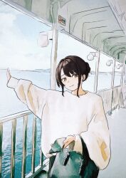 1girl absurdres bag black_bag black_hair cellphone closed_mouth commentary_request cowboy_shot day fence hair_bun hair_intakes handbag highres holding holding_bag holding_phone iron_fence long_sleeves looking_at_viewer ocean on_ship orange_eyes original outstretched_arm parted_bangs phone ponta_(matsuokazieg) scenery shore sidelocks sign single_hair_bun sky smartphone smile solo standing sweater wall_lamp water white_sweater wide_sleeves