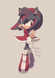 1girl :3 alternate_color amy_rose animal_ears aoki_(fumomo) arm_up black_fur black_hair body_fur boots breasts character_name closed_mouth dress english_text female_focus full_body furry furry_female gloves grey_background hairband happy knee_boots looking_at_viewer medium_hair multicolored_hair red_boots red_dress red_eyes red_hair red_hairband shadow_the_hedgehog short_dress sidelocks simple_background sleeveless sleeveless_dress small_breasts smile solo sonic_(series) standing streaked_hair tail two-tone_hair white_gloves