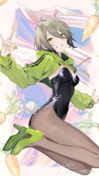 Rule 34 | 1girl, animal ears, black leotard, breasts, brown pantyhose, commentary request, double fox shadow puppet, drawstring, fox shadow puppet, full body, green eyes, green shoes, green shrug, grey hair, grin, hair between eyes, high heels, highres, leotard, orange nails, original, pantyhose, rabbit ears, rabbit girl, rabbit tail, shoes, shrug (clothing), signature, smile, solo, tail, tomari (veryberry00)