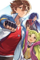 1girl 2boys absurdres ao_no_kiseki arios_maclaine blue_hair brown_eyes brown_hair cancanbaobao55 clenched_hand curtained_hair dog_tags double-parted_bangs eiyuu_densetsu fingerless_gloves gloves green_hair hair_between_eyes hand_up highres incoming_fist_bump jacket kea_(eiyuu_densetsu) lloyd_bannings long_hair long_sleeves mullet multiple_boys short_hair simple_background smile white_background yellow_eyes zero_no_kiseki