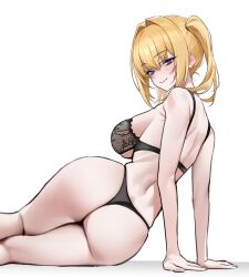 1girl absurdres ani_(xai) ass back bare_legs black_bra black_panties blonde_hair blue_eyes bra breasts chano39 commentary frilled_bra frills grok_(xai) hair_intakes highres kneepits lace lace_bra large_breasts lingerie long_hair looking_at_viewer looking_back panties simple_background smile solo twintails twitter_username underwear white_background xai_(company)