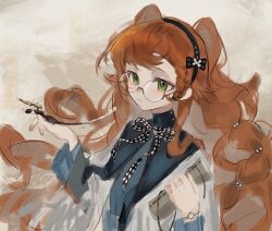 1girl black_bow black_hairband blue_dress bow braided_sidelock brown_background capelet checkered_ribbon closed_mouth dress glasses green_eyes hair_bow hairband hands_up highres holding holding_pen holding_scroll jiaoliu_kongjuzheng long_hair neck_ribbon official_alternate_costume orange_hair pen reverse:1999 ribbon round_eyewear scroll sketch solo sonetto_(emotion_in_tranquility)_(reverse:1999) sonetto_(reverse:1999) two_side_up upper_body white_capelet
