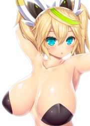 1girl aqua_eyes arms_up asamura_hiori blonde_hair blush breasts cleavage commentary_request female_focus gene_(pso2) green_hair hair_between_eyes highres huge_breasts long_hair looking_at_viewer multicolored_hair nude open_mouth pasties phantasy_star phantasy_star_online_2 revision solo twintails