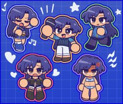 Rule 34 | + +, 1girl, beauty swimsuit (idolmaster), bikini, black pants, blue background, blue bikini, blue boots, blue hair, blue jacket, blue outline, blue skirt, blue vest, blush stickers, boots, brown eyes, brown shoes, cartoonized, chibi, closed eyes, fis (t83192933), flat chest, forehead, green outline, grid background, gyaru, heart, highres, holding, holding microphone, idolmaster, idolmaster (classic), idolmaster million live!, idolmaster million live! theater days, jacket, kisaragi chihaya, long hair, luxury (idolmaster), microphone, midriff, miniskirt, multiple views, musical note, navel, official alternate costume, onitsuyo mind (idolmaster), orange outline, outline, pants, parted bangs, purple outline, red outline, revision, shaded face, shirt, shoes, sidelocks, skirt, sleeveless, sleeveless shirt, smile, star (symbol), straight hair, striped clothes, striped vest, swimsuit, toon (style), v-shaped eyebrows, vertical-striped clothes, vertical-striped vest, vest, white pants