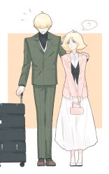 1boy 1girl ? bag black_shirt blonde_hair blue_eyes chinese_commentary commentary_request dress fish2063 full_body green_jacket gundam gundam_gquuuuuux hand_on_another&#039;s_shoulder handbag highres jacket long_sleeves open_mouth pants rolling_suitcase sayla_mass shirouzu_(gundam) shirt shoes short_hair smile speech_bubble spoken_question_mark standing suitcase sweatdrop turtleneck
