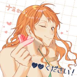 1girl bikini bracelet earrings eyelashes gunjo_shizuko heart heart_hands highres jewelry long_hair looking_at_viewer nami_(one_piece) one_eye_closed one_piece orange_hair pearl_earrings swimsuit twitter_username upper_body