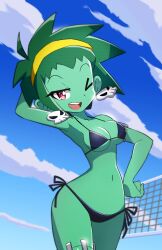 Rule 34 | 1girl, ;d, absurdres, arm behind head, armpits, bikini, bikini bottom only, black bikini, blue sky, breasts, cleavage, cloud, colored skin, commentary, day, earrings, english commentary, green hair, green skin, hairband, hand on own hip, highres, jewelry, looking at viewer, medium breasts, navel, official art, one eye closed, open mouth, outdoors, red eyes, rottytops, sakurajyousui nami, shantae (series), short hair, side-tie bikini bottom, skull, skull earrings, sky, smile, solo, standing, stitched leg, stitches, stomach, swimsuit, symbol-shaped pupils, teeth, udon entertainment, upper teeth only, volleyball net, yellow hairband, zombie