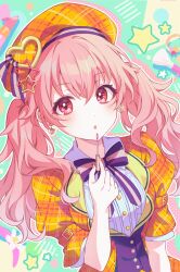 1girl :o blush bow bowtie collared_shirt commentary_request cosmetics earrings hat hat_ornament heart heart_earrings heart_hat_ornament holding holding_lipstick_tube jacket jewelry kheng_(k_heng1223) lipstick_tube long_hair looking_at_viewer makeup_brush momoi_airi open_mouth orange_hat orange_jacket outline pink_eyes pink_hair plaid_clothes plaid_hat plaid_jacket project_sekai purple_bow purple_bowtie shirt short_sleeves solo star_(symbol) star_hat_ornament striped_bow twintails upper_body white_outline white_shirt