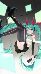 1girl absurdres ass black_thighhighs blue_hair detached_sleeves floating hair_between_eyes hatsune_miku highres holding holding_microphone jungki_dr legs_up long_hair looking_at_viewer microphone parted_lips red_ribbon ribbon solo thighhighs twintails very_long_hair vocaloid