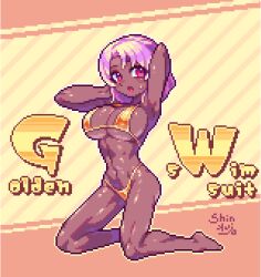 1girl arms_behind_head barefoot bikini breasts cleavage commentary_request dark-skinned_female dark_skin english_text gold_bikini golden_week kneeling large_breasts navel original pink_eyes pink_hair pixel_art shinku_castle short_hair sideboob signature simple_background solo string_bikini swimsuit underboob