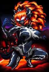 1girl bowser bowsette cleft_of_venus corruption dragon_girl dragon_horns earrings fury_bowser highres horns jewelry klyntar long_hair mario_(series) marvel lava nintendo nipples no_pupils nude orange_hair outdoors ponytail pussy rikatsuky sharp_teeth solo spikes super_crown super_mario_3d_world symbiote teeth turtle_shell venom_(marvel) very_long_hair volcano
