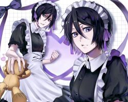 1boy 1girl alternate_costume apron black_dress black_hair bleach dress enmaided hair_between_eyes highres kon_(bleach) kuchiki_rukia looking_at_viewer maid purple_eyes short_hair uno_0a white_apron