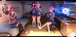 3d_background 4girls ;) absurdres black_socks blue_skirt blush bow brown_hair chair citrus_(saburouta) commentary commission doki_doki_literature_club english_commentary eyes_visible_through_hair flash_drive glitch green_eyes grey_jacket hair_bow hair_ribbon handheld_game_console happy_tears highres indoors jacket jpeg_artifacts kneehighs letterboxed long_hair manga_(object) meta monika_(doki_doki_literature_club) monitor multiple_girls natsuki_(doki_doki_literature_club) office_chair on_bed one_eye_closed open_clothes open_jacket pink_hair pleated_skirt ponytail poster_(object) purple_hair reading red_bow ribbon room sayori_(doki_doki_literature_club) school_uniform shoes short_hair sitting skirt smile socks swivel_chair tears thighhighs tsukimaru two_side_up uwabaki very_long_hair white_legwear white_ribbon yuri_(doki_doki_literature_club)