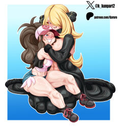 2girls abs artist_name bare_shoulders baseball_cap black_boots black_coat black_pants black_vest blonde_hair blue_background blue_eyes blush boots border breasts brown_hair caressing_cheek cleavage coat cynthia_(pokemon) full_body gradient_background grin hair_ornament hair_over_one_eye hat highres hilda_(pokemon) hug karuro-kun kneeling large_breasts legs long_hair long_sleeves medium_breasts multiple_girls nintendo one_eye_closed open_mouth outline pants pokemon pokemon_bw pokemon_dppt ponytail seiza shorts sidelocks simple_background sitting sitting_on_person sleeveless smile tank_top thick_thighs thighs vest white_border white_outline yuri
