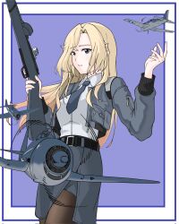 1girl aircraft airplane belt black_jacket black_pantyhose blonde_hair blue_necktie blue_skirt breasts collared_shirt f6f_hellcat gun hashtag-only_commentary highres holding holding_weapon hornet_(kancolle) jacket kantai_collection long_hair long_sleeves looking_at_viewer military_vehicle necktie open_clothes open_jacket pantyhose propeller_fighter shirt simple_background skirt solo tiamet1212 trigger_discipline weapon white_shirt