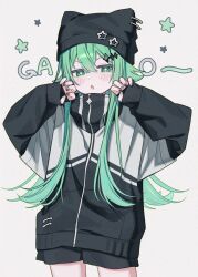 1girl absurdres animal_ear_headwear animal_hat black_hat black_jacket black_nails black_shorts blush cat_hat claw_pose cowboy_shot dot_nose fake_animal_ears flipped_hair green_eyes green_hair green_nails hair_flaps hat hat_ornament highres jacket long_hair multicolored_jacket namin_(anjpzaobmhbppxs) nanase_(namin) open_mouth original paperclip shorts sidelocks solo sparkle_hair_ornament star-shaped_pupils star_(symbol) star_hat_ornament symbol-shaped_pupils two-tone_jacket two-tone_nails v-shaped_eyebrows very_long_hair white_jacket