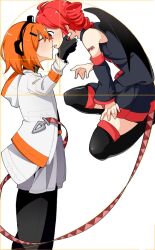 2girls a.i._voice adachi_rei bare_shoulders black_gloves black_wings boots chinese_commentary closed_eyes commentary_request detached_sleeves drill_hair gloves golden_spiral grey_shirt grey_skirt grey_sleeves hand_on_another&#039;s_cheek hand_on_another&#039;s_face headlamp headset highres hood hood_down hooded_jacket jacket kasane_teto kasane_teto_(utau) kiss long_sleeves looking_at_another miniskirt multiple_girls orange_hair parted_lips pleated_skirt red_hair shirt skirt sleeveless sleeveless_shirt tail tail_wrap thigh_boots twin_drills utau white_background white_jacket wings yi_xing_luren yuri