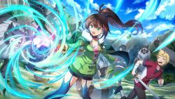 Rule 34 | 1girl, black hair, blonde hair, blush, breasts, brown hair, dust (konosuba), green eyes, jacket, keith (konosuba), kono subarashii sekai ni shukufuku wo!, lean (konosuba), long hair, magic, multiple boys, official art, open mouth, ponytail, small breasts, smile, staff
