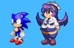 1boy 1girl animal_ears black_eyes black_hair blue_background blue_fur breasts brown_shoes female_focus filia_(skullgirls) gloves hedgehog long_hair machinster necktie red_shoes samson_(skullgirls) school_uniform sharp_teeth shirt shoes simple_background skirt skullgirls smile snout sonic_(series) sonic_the_hedgehog sonic_the_hedgehog_(classic) spiked_hair sprite sprite_art teeth thick_thighs thighhighs thighs unusual_pupils white_gloves white_shirt yellow_eyes