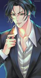 1boy artist_name black_hair black_jacket blue_background cigarette collarbone collared_shirt commentary english_commentary gradient_background grey_eyes hand_up henoopd highres holding_matchstick jacket jewelry long_sleeves looking_at_object male_focus parted_lips pectoral_cleavage pectorals ring sherlock_holmes_(yuukoku_no_moriarty) shirt short_hair smoke solo teeth white_shirt yuukoku_no_moriarty