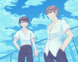 2boys blue_eyes brown_hair chain-link_fence fence highres male_focus mamiya_takuji minakami_yukito multiple_boys rikarika school_uniform shirt short_hair smile tsui_no_sora white_shirt
