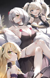 3girls ;d absurdres alternate_costume armpits barbara_(genshin_impact) bare_shoulders black_bridal_gauntlets black_dress black_gloves black_thighhighs blonde_hair braid breasts bridal_gauntlets cleavage commentary dress elbow_gloves elphe english_commentary eyepatch fischl_(genshin_impact) genshin_impact gloves green_eyes grey_hair highres looking_at_viewer medium_breasts multiple_girls nail_polish noelle_(genshin_impact) one_eye_closed open_mouth partially_fingerless_gloves pink_nails short_hair sleeveless sleeveless_dress smile strapless strapless_dress thigh_strap thighhighs thighs twintails v white_hair