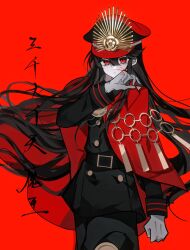 1girl belt black_hair black_shirt blood blood_on_face cape fate/grand_order fate_(series) gloves hat highres long_hair looking_at_viewer military_uniform oda_nobunaga_(fate) oda_nobunaga_(koha-ace) red_cape red_eyes red_hat shirt solo white_gloves xixing_chun