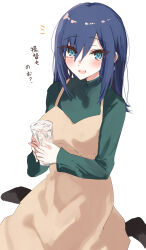 Rule 34 | 1girl, blue eyes, blue hair, blush, breasts, brown dress, cup, dress, green shirt, hair down, highres, kantai collection, kinona, large breasts, long hair, long sleeves, looking at viewer, official alternate costume, open mouth, shirt, sitting, smile, solo, souryuu (kancolle), souryuu (lawson) (kancolle), turtleneck, wariza, white background