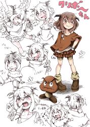 4girls angel_wings anger_vein angry antenna_hair arms_behind_back azu_gorilla basket blush body_bridge brown_eyes brown_footwear brown_hair brown_shorts brown_skirt brown_socks camisole character_name claw_pose clenched_hand closed_mouth collarbone commentary_request crossed_bandaids dot_nose embarrassed facing_back fang fangs finger_in_another&#039;s_mouth flying frilled_leotard frilled_skirt frills full-face_blush full_body galoomba gloves goomba goomba&#039;s_shoe green_poncho grey_camisole grey_undershirt hair_between_eyes hair_tie hand_on_own_hip hands_on_floor highres holding holding_basket holding_toy knee_blush kuribo&#039;s_shoe large_shoes leotard looking_at_another looking_at_viewer looking_down loose_socks mario_(series) mini_goomba multiple_girls nintendo on_floor open_mouth paragoomba pov sharp_teeth shoe_goomba shoes short_hair short_twintails shorts shoulder_blush shouting single_bare_shoulder sitting sketch skin_fang skirt socks spoken_anger_vein super_mario_bros._1 super_mario_bros._3 super_mario_world sweat teeth toy twintails variations white_background winding_key wings