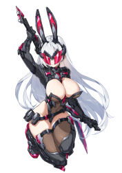1girl animal_ears arm_up boots breasts brown_thighhighs closed_mouth covered_navel dual_wielding facing_viewer fake_animal_ears head-mounted_display holding holding_sword holding_weapon kneeling large_breasts leotard long_hair looking_at_viewer original rabbit_ears saitou_masatsugu simple_background solo sword thigh_boots thighhighs very_long_hair weapon white_background white_hair