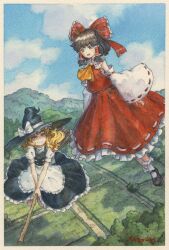 2girls :d apron black_eyes black_hair black_hat black_shoes black_skirt black_vest blonde_hair blue_sky border bow broom broom_riding cloud commentary_request day detached_sleeves field flying frilled_bow frilled_hair_tubes frilled_socks frills hair_bow hair_tubes hakurei_reimu hat hat_bow hat_ribbon highres kirisame_marisa long_hair long_sleeves mary_janes medium_hair miso_pan multiple_girls open_mouth outdoors painting_(medium) puffy_short_sleeves puffy_sleeves red_bow red_shirt red_skirt ribbon ribbon-trimmed_skirt ribbon-trimmed_sleeves ribbon_trim shirt shoes short_sleeves signature skirt sky sleeveless sleeveless_shirt smile socks touhou traditional_media tree vest waist_apron watercolor_(medium) white_apron white_border white_bow white_ribbon white_shirt white_socks wide_sleeves witch_hat yellow_eyes