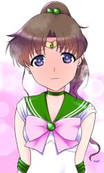 Rule 34 | 1girl, bishoujo senshi sailor moon, bow, brown hair, choker, circlet, closed mouth, earrings, flower earrings, flustered, green choker, green eyes, green sailor collar, hair bobbles, hair ornament, himehachi (hime8manga), jewelry, kino makoto, long hair, looking at viewer, magical girl, pink bow, ponytail, sailor collar, sailor jupiter, sailor senshi uniform, solo, upper body, wavy mouth