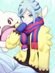 1boy absurdres androgynous blonde_hair blue_background blue_hair blue_mittens blue_scarf cetoddle goromochan gradient_eyes grusha_(pokemon) hand_up highres jacket light_blue_hair looking_at_viewer mittens multicolored_eyes nintendo open_mouth pokemon pokemon_(creature) pokemon_sv red_scarf scarf sitting solo striped_clothes striped_scarf two-tone_scarf yellow_jacket
