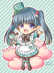1girl akihara_ryou apron artist_name black_hair black_ribbon chibi cushion dated dress food frilled_dress frilled_sleeves frills hair_ornament hat highres iris_mysteria! mint_chocolate naja_(iris_mysteria!) parfait purple_eyes ribbon sweets thighhighs twintails