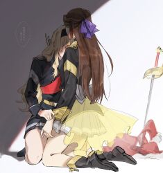 2girls black_boots black_hairband black_jacket black_skirt blonde_hair boots brown_hair commentary_request epaulettes hair_ribbon hairband head_on_another&#039;s_shoulder highres jacket jacket_tug kneeling long_hair long_sleeves multiple_girls planted planted_sword planted_weapon purple_ribbon red_sash ribbon roru_(lol_dessin) saijou_claudine sash shade shoujo_kageki_revue_starlight skirt speech_bubble sword tendou_maya translation_request weapon yuri