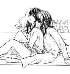 Rule 34 | 2girls, absurdres, bang dream!, bang dream! it&#039;s mygo!!!!!, between legs, blue eyes, blush, chinese commentary, commentary request, greyscale, hero45439083942, highres, long hair, long sleeves, monochrome, multiple girls, one eye closed, pants, parted lips, purple eyes, shiina taki, socks, spot color, stuffed animal, stuffed toy, yahata umiri, yuri