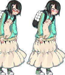 1girl backpack bag bandaid bandaid_on_pussy bandaids_on_nipples black_hair blush breasts commentary_request dokata_(hamanan_doboku_kougyou) full_body glasses grey_eyes jacket mole mole_under_eye mole_under_mouth multiple_views navel open_clothes open_jacket original pasties shoes skirt small_breasts smile sneakers transparent_background undressing