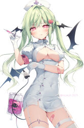 1girl :q arm_under_breasts armband bandaged_leg bandages bandaid bandaid_on_arm bandaid_on_leg bat_wings black_garter_straps blood blood_bag breasts cleavage_cutout clothing_cutout commentary cowboy_shot demon_girl demon_tail dress garter_straps gloves green_hair hair_ornament hat head_wings heart heart-shaped_pupils heart_hair_ornament highres holding holding_syringe karory long_hair looking_at_viewer medium_breasts nurse_cap original pink_eyes simple_background solo symbol-only_commentary symbol-shaped_pupils syringe tail tongue tongue_out two_side_up white_background white_dress white_gloves white_hat wings x_hair_ornament