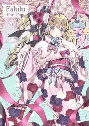 1girl blue_ribbon bonnet bow character_name colored_eyelashes commentary_request copyright_name falulu finger_to_mouth floral_print flower frilled_sleeves frills fur_collar gloves green_hair grey_eyes hands_up headphones highres japanese_clothes kimono long_hair long_sleeves looking_at_viewer obi obligation_gimu pink_kimono pretty_series pripara red_bow red_flower red_rose ribbon rose sash solo standing twintails unicorn_(pripara) white_bow wide_sleeves
