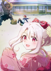 1girl 2boys :d black_pants blush bow building cherry_blossom_print commentary_request day emiya_shirou fate/stay_night fate_(series) floral_print flower food hair_between_eyes hair_bow hair_flower hair_ornament heracles_(fate) holding illyasviel_von_einzbern japanese_clothes kimono kine long_hair long_sleeves looking_at_viewer looking_back mallet mochi mortar_(bowl) multiple_boys on_ground open_mouth outdoors pants pink_kimono print_kimono raglan_sleeves red_bow red_eyes shirt sidelocks silver_hair sitting sleeves_past_wrists smile solo_focus standing topless_male tsuezu white_shirt wide_sleeves yellow_flower