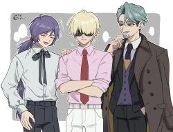 Rule 34 | +++, 3boys, beard, black jacket, black necktie, black pants, black ribbon, blank speech bubble, blonde hair, border, brown coat, challia bull, char aznable, closed eyes, closed mouth, coat, coat on shoulders, collared shirt, commentary request, cowboy shot, crossed arms, facial hair, garma zabi, grey background, grin, gundam, gundam gihren no yabou, gundam gquuuuuux, hair over one eye, hand in pocket, hand on another&#039;s shoulder, hand on own chin, hand on own thigh, hand up, jacket, lapels, long hair, long sleeves, looking at another, male focus, multiple boys, mustache, neck ribbon, necktie, notched lapels, open clothes, open jacket, open mouth, outline, outside border, pants, pink shirt, purple hair, purple vest, red necktie, ribbon, shirt, shirt tucked in, short hair, simple background, smile, speech bubble, sunglasses, thick eyebrows, togiisiw, u u, very long hair, vest, white border, white outline, white pants, white shirt, wing collar