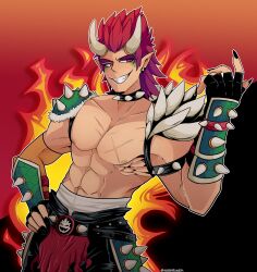 1boy abs absurdres armpits artist_name asymmetrical_armwear belt black_background bowser bracelet cross_scar fingerless_gloves fingernails fire gloves gradient_background highres horns humanization jewelry male_focus mario_(series) merryrain15 muscular muscular_male nails nintendo red_background red_eyes red_hair scales scar sharp_fingernails sharp_teeth smile spiked_bracelet spiked_hair spiked_necklace spikes teeth