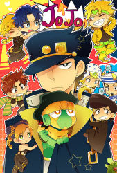 Rule 34 | 1girl, 6+boys, :3, anchor (symbol), battle tendency, black hair, blonde hair, blue eyes, blue hair, braid, brown eyes, brown hair, bubble, chain, chibi, climbing, diamond is not crash, dio brando, dixie cup hat, double bun, family, father and son, fingerless gloves, gauntlets, giorno giovanna, gloves, green eyes, hair bun, halterneck, hat, heart, higashikata josuke, higashikata josuke (jojolion), horseshoe, johnny joestar, jojo no kimyou na bouken, jojolion, jonathan joestar, joseph joestar, joseph joestar (young), kuujou jolyne, kuujou joutarou, midriff, military hat, multicolored hair, multiple boys, one eye closed, peaked cap, phantom blood, pompadour, scarf, school uniform, stand (jojo), star (symbol), star platinum, stardust crusaders, steel ball run, stone ocean, striped clothes, striped scarf, turtle, two-tone hair, vento aureo, wink, yacchimonee
